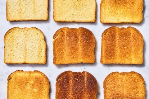 Slices of toast next to each other, each a different color of bake 